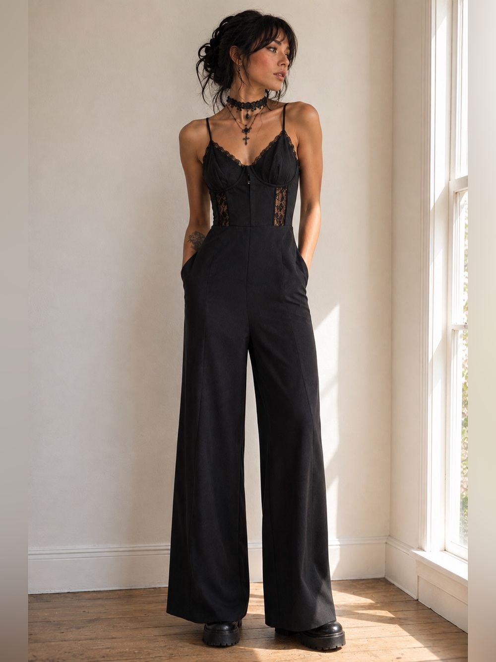 Black Corset Lace Panel Strappy Wide Leg Jumpsuit Dark Coquette Whimsigoth 8
